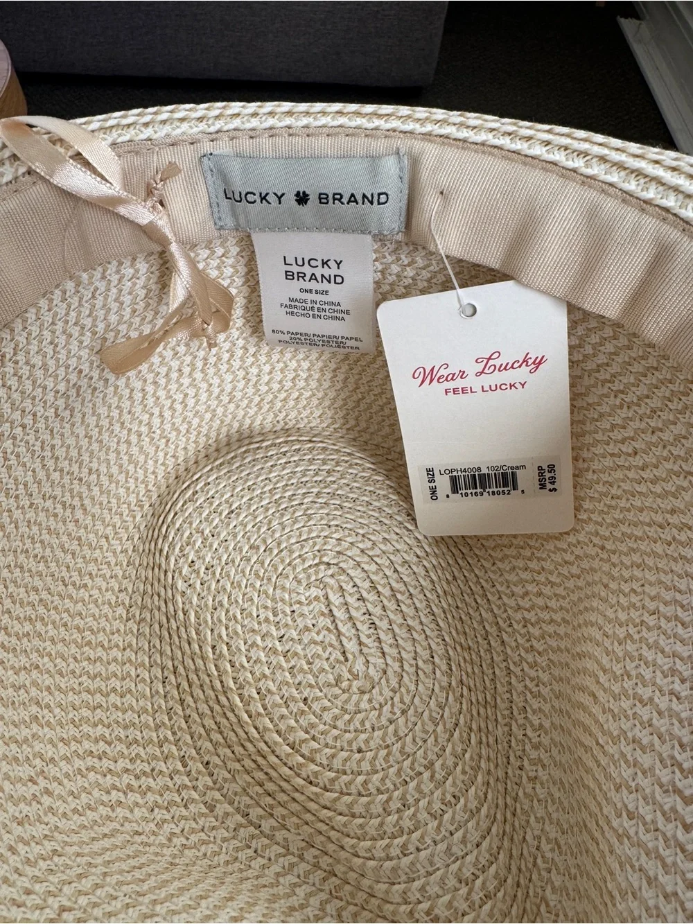 Lucky Brand Cream Straw Fedora Hat with Brown Leather Band